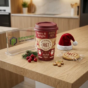 Tazza di Carta Rossa con Motivo di Babbo Natale, Adatta per Bevande Festive, Design Personalizzato Disponibile