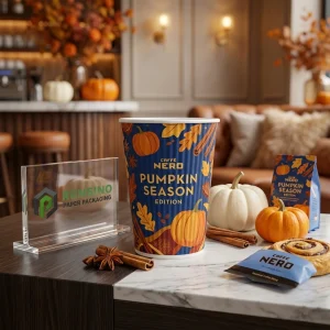 Papiertasse mit Kürbis-Muster und bedrucktem Logo für die Herbstsaison