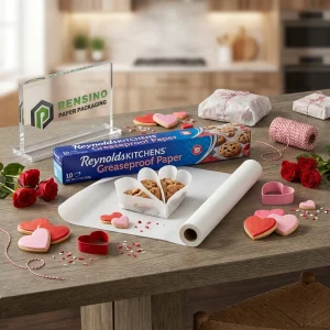 Blaues und weißes bedrucktes fettbeständiges Papier mit Keksabbildungen, geeignet für Lebensmittelverpackungen, individuelles Design verfügbar
