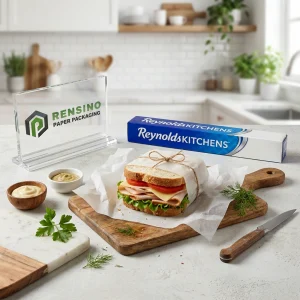Papier ciré imprimé avec logo et illustration alimentaire, adapté pour un cadeau, de la nourriture ou une utilisation au détail, design personnalisé disponible