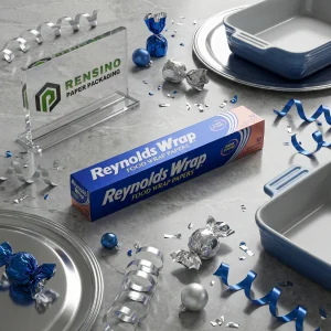 Papel de envoltura de alimentos azul con logo impreso y patrón