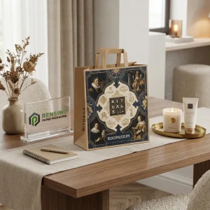 Sacola de presente de papel kraft com impressão artística e alças, adequada para embalagem de presente, varejo ou cosméticos, design personalizado disponível