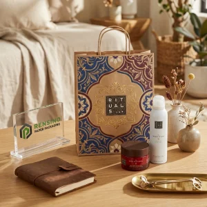 Sacola de papel impressa com padrão decorativo e detalhes em folha de ouro, adequada para embalagem de presentes, varejo ou cosméticos, design personalizado disponível