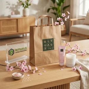 Bolsa de papel kraft con logo y patrón floral, adecuada para empaques de regalo, venta al por menor o cosméticos, diseño personalizado disponible