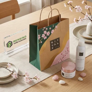 Sacola de Papel Rosa e Verde com Padrão de Flor de Cerejeira, Adequada para Presentes, Cosméticos ou Embalagens de Varejo, Design Personalizado Disponível