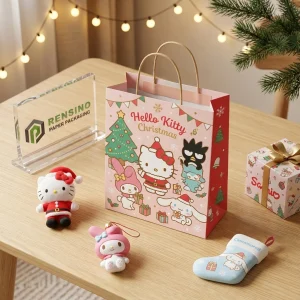 Sacchetto di carta rosa e rosso con personaggi di Hello Kitty a tema natalizio e motivo regalo, adatto per confezioni regalo o vendita al dettaglio, stampa logo personalizzata disponibile