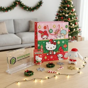 Sacchetto di carta stampato rosa e rosso con personaggi dei cartoni animati natalizi e motivo ornamentale, adatto per imballaggio regalo, stampa logo personalizzata disponibile
