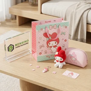 Sacchetto di carta rosa e menta con personaggio dei cartoni animati e motivo fiocco per confezioni regalo, stampa logo personalizzata disponibile