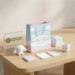 Sac en papier bleu et rose avec illustration de lapin de dessin animé pour l'emballage de cadeaux, impression de logo personnalisée disponible