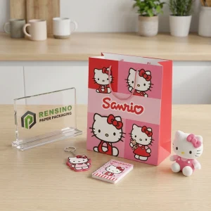 Sacchetto di carta rosa e rosso con motivo cartone di Hello Kitty per imballaggio regalo, stampa logo personalizzata disponibile