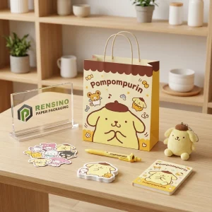 Bolsa de papel amarilla y marrón con patrón de dibujo animado de Pompompurin, adecuada para empaques de regalos o venta al por menor, impresión de logo personalizada disponible