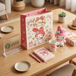 Sacchetto di carta rosa e bianco con personaggio dei cartoni animati e motivo cupcake, adatto per confezioni regalo o vendita al dettaglio, stampa logo personalizzata disponibile