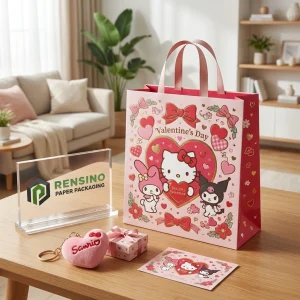Sacchetto di carta rosa e rossa con Hello Kitty e motivo di San Valentino per imballaggio regalo, stampa logo personalizzata disponibile