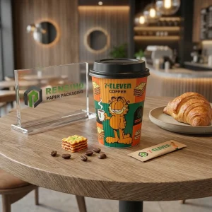 Bedruckter Pappbecher mit buntem Cartoon-Charakter und Kaffeemuster, geeignet für Lebensmittel-, Getränke- oder Einzelhandelsverpackungen, OEM/ODM-Service verfügbar