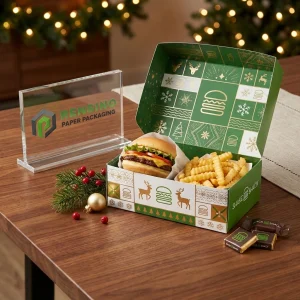 Boîte d'emballage alimentaire jetable verte et blanche avec motif de burger et de flocon de neige, adaptée pour l'emballage alimentaire, design personnalisé disponible
