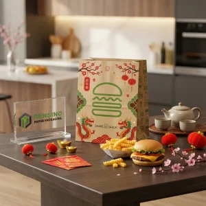 Sacchetti di carta per alimenti usa e getta in kraft con logo verde stampato di hamburger e motivo drago rosso, design personalizzato disponibile