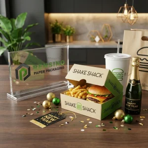 Boîte d'emballage alimentaire jetable verte et kraft avec logo Shake Shack imprimé et images de burger et de frites, adaptée pour l'emballage de restauration rapide ou à emporter, service OEM/ODM disponible