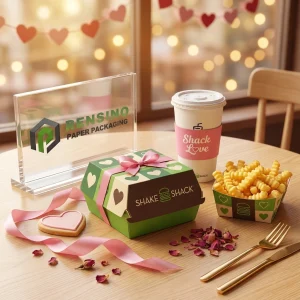 Boîte d'emballage alimentaire jetable verte et marron avec motif en cœur et texte imprimé “SHAKE SHACK”, adaptée à l'emballage alimentaire, conception personnalisée disponible