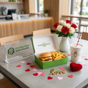 Boîte d'emballage alimentaire jetable verte et blanche avec texte imprimé “SHAKE SHACK” et images de burger et de frites, adaptée à l'emballage alimentaire, service OEM/ODM disponible