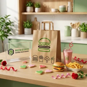 Sacchetti di carta alimentare usa e getta in kraft con icone di hamburger, patatine, gelato e bevande, design personalizzato disponibile