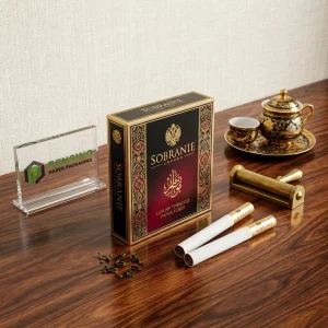 Tube en papier noir et or avec texte SOBRANIE imprimé et motif ornemental, adapté pour un cadeau, du tabac ou un emballage de vente au détail, service OEM/ODM disponible