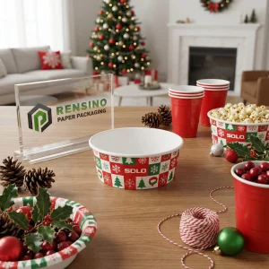 Bol en papier imprimé rouge et vert avec motif de sapin de Noël et de flocon de neige pour l'emballage alimentaire, service OEM/ODM disponible