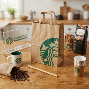 Sacola de Papel Kraft com Logotipo Starbucks e Padrão de Café, Adequada para Presentes, Alimentos ou Embalagem de Varejo, Impressão de Logotipo Personalizado Disponível