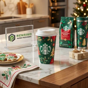 Taza de papel con temática navideña y patrón festivo, diseño personalizado disponible
