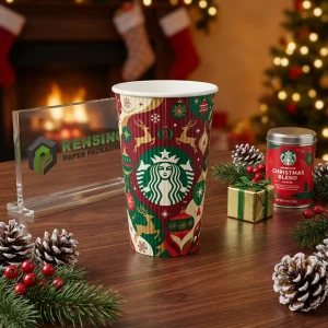 Bedruckter Pappbecher mit Weihnachtsmuster und Logo, Geeignet für Geschenke, Einzelhandel, Lebensmittel oder Getränkeverpackungen, Individuelles Design verfügbar