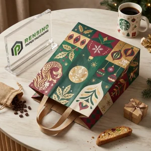 Saco de Compras de Papel Colorido com Padrão de Feriado, Impressão de Logotipo Personalizado Disponível