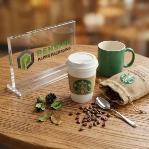 Taza de papel rígido blanca con logo verde, adecuada para empaques de café o bebidas, personalizable con impresión de logo