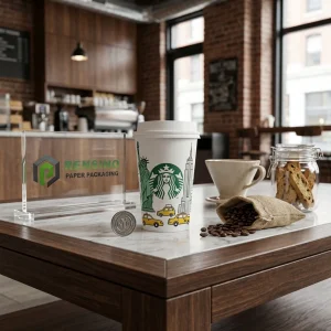 Tazza di carta bianca con logo verde e motivo taxi giallo, adatta per caffè/da asporto, personalizzabile per branding