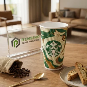 Bedruckter Pappbecher mit Starbucks-Logo und abstraktem Design, geeignet für Getränke-, Geschenk-, Einzelhandels- oder Lebensmittelverpackungen. Anpassungen sind mit OEM/ODM-Service verfügbar.