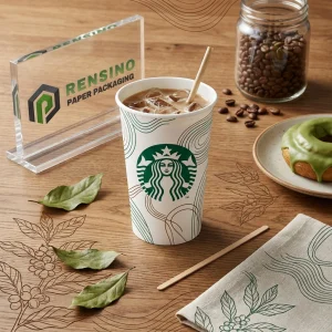Tazza di Carta Bianca con Logo Verde e Motivo a Linee, Adatta per Imballaggio di Bevande, Design Personalizzato Supportato