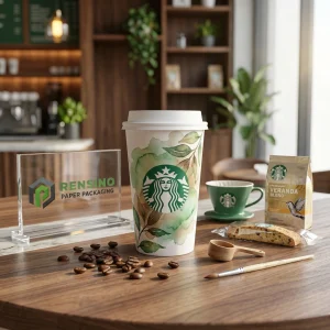 Tazza di Carta Bianca con Motivo Foglia Acquerello Verde, Adatta per Imballaggio di Caffè e Bevande