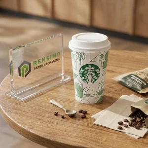 Tazza di carta bianca con motivo di foglia verde, adatta per caffè o bevande, personalizzabile per il branding