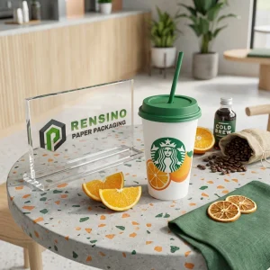 Tazza di Carta Bianca con Coperchio Verde e Cannuccia con Illustrazione di Frutta Arancione per Imballaggio di Bevande, Stampa Logo Personalizzata Disponibile