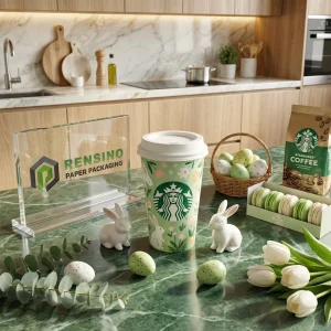 Featuring a green logo and yellow taxi pattern, suitable for coffee/takeout, and can be branded.