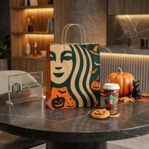 Borsa della spesa in carta kraft con design di zucca di Halloween e cappello da strega, stampa logo personalizzata disponibile