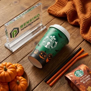 Grüne und schwarze Papierverpackungstasse mit Halloween-Kürbis- und Fledermausmuster, geeignet für Getränkeverpackungen, benutzerdefinierter Druck des Logos verfügbar
