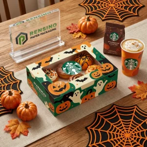 Boîte d'emballage alimentaire jetable verte et orange avec motif de citrouille et de fantôme d'Halloween, adaptée à l'emballage de biscuits ou de confiseries, service OEM/ODM disponible