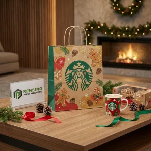 Праздничный крафт-пакет с напечатанным логотипом Starbucks и праздничным узором, подходит для подарков, розничной торговли, продуктов, косметики, ювелирных изделий или упаковки бренда, доступен индивидуальный дизайн
