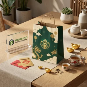 Bolsas de papel desechables para alimentos en verde y dorado con patrón de dragón y linterna, diseño personalizado disponible