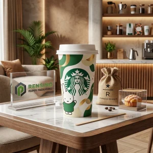 Tazza di carta bianca con motivo verde e beige, adatta per confezioni di caffè e bevande, design personalizzato disponibile