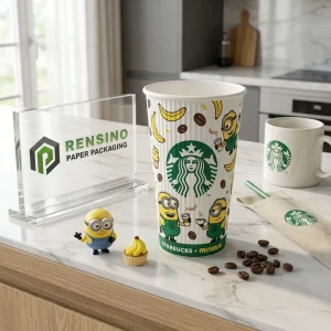 Bicchiere di carta bianco con Minions e logo Starbucks, adatto per imballaggio di bevande o regali, design personalizzato disponibile