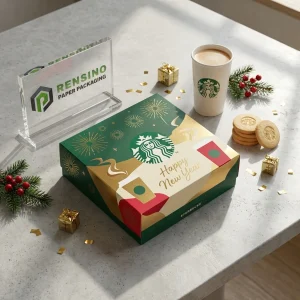 Boîte d'emballage jetable verte et dorée avec logo Starbucks imprimé et texte Joyeuses Fêtes, adaptée pour l'emballage de cadeaux ou de nourriture, service OEM/ODM disponible