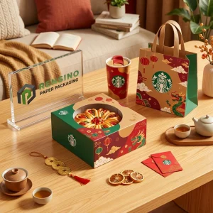 Sac en papier jetable vert et kraft avec motif de dragon et de lanterne, adapté à l'emballage alimentaire, impression de logo personnalisée disponible