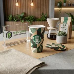 Gobelet en papier avec motif géométrique vert, adapté pour l'emballage de café ou de boissons, design personnalisé disponible