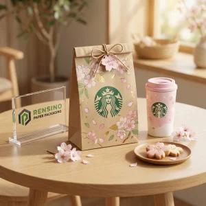 Sacola de Papel Kraft para Presentes com Padrão de Flor de Cerejeira e Logotipo, Adequada para Presentes, Varejo, Alimentos, Cosméticos ou Embalagem de Joias, Design Personalizado Disponível