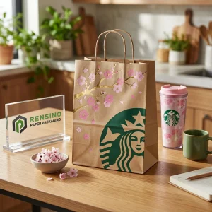 Bolsa de regalo de papel kraft con patrón de flores de cerezo y logo de Starbucks, adecuada para regalos, venta al por menor o empaques de alimentos, impresión de logo personalizada disponible